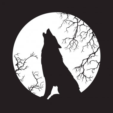 Silhouette of wolf howling at the full moon vector illustration. Pagan totem, wiccan familiar spirit art clipart