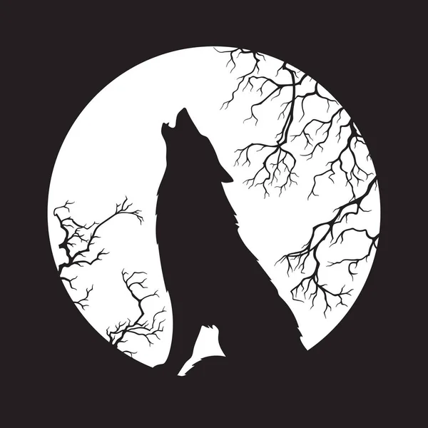 Silueta de lobo aullando a la ilustración del vector de luna llena. Tótem pagano, arte del espíritu familiar wiccan — Vector de stock