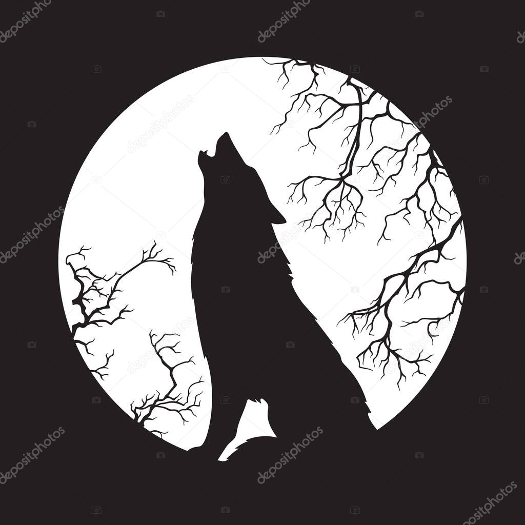 Silhouette of wolf howling at the full moon vector illustration. Pagan totem, wiccan familiar spirit art