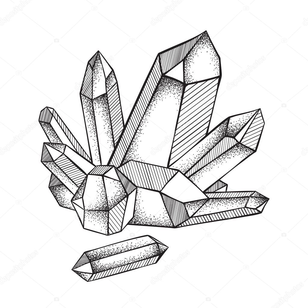 Crystals druse isolated on white background hand drawn line art and dot work vector illustration. Black work, flash tattoo or print design
