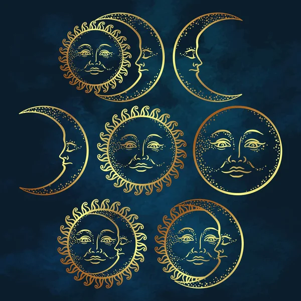 Boho chic flash tattoo design hand drawn art gold sun and crescent moon set. Antique style design vector illustration Stock Vector