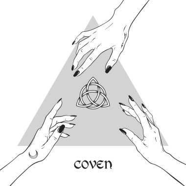Hands of three witches reaching out to the pagan symbol triquetra. Coven is a gathering of witches. Black work, flash tattoo or print design hand drawn vector illustration clipart