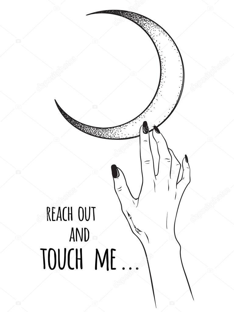 Female hand reaching out to the Moon isolated vector illustration. Black work, dot work, line art, flash tattoo, poster or print design