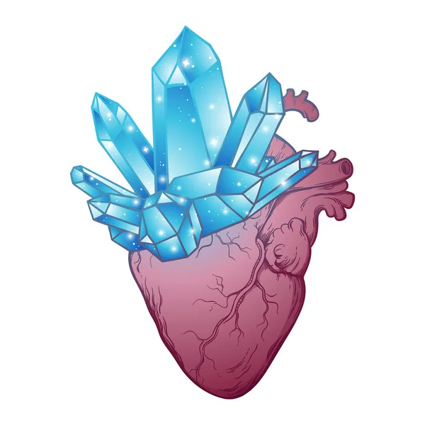 Cristales que crecen del corazón humano aislados sobre fondo blanco. Ilustración vectorial dibujada a mano. Tatuaje, póster o diseño impreso — Vector de stock