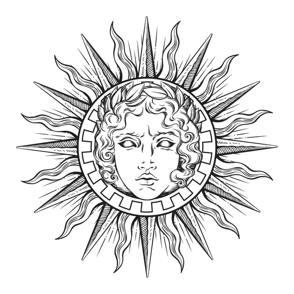 Hand drawn antique style sun with face of the greek and roman god Apollo. Flash tattoo or print design vector illustration — Stock Vector