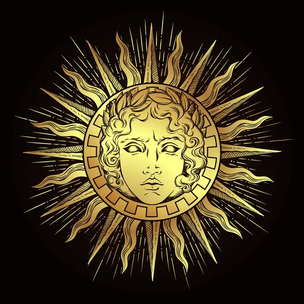 Handgezeichnete Sonne im antiken Stil mit dem Antlitz des griechischen und römischen Gottes Apollo. Flash-Tätowierung oder Druck-Design-Vektor-Illustration — Stockvektor