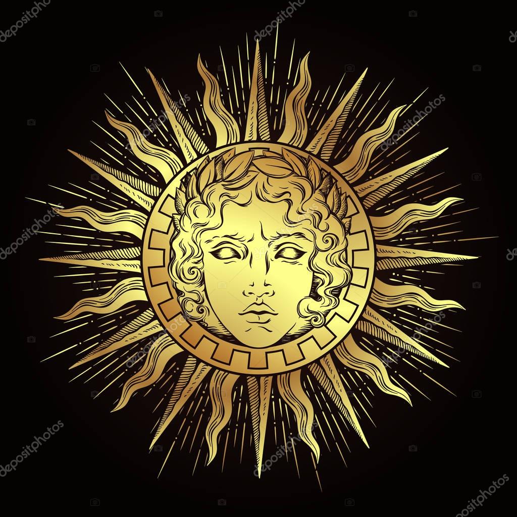 Hand drawn antique style sun with face of the greek and roman god Apollo. Flash tattoo or print design vector illustration.