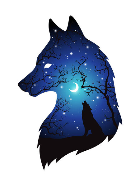 Double exposure silhouette of wolf in the night forest, blue sky with crescent moon and stars isolated. Sticker, print or tattoo design vector illustration. Pagan totem, wiccan familiar spirit art