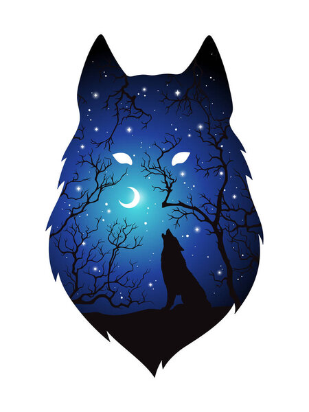 Double exposure silhouette of wolf in the night forest, blue sky with crescent moon and stars isolated. Sticker, print or tattoo design vector illustration. Pagan totem, wiccan familiar spirit art
