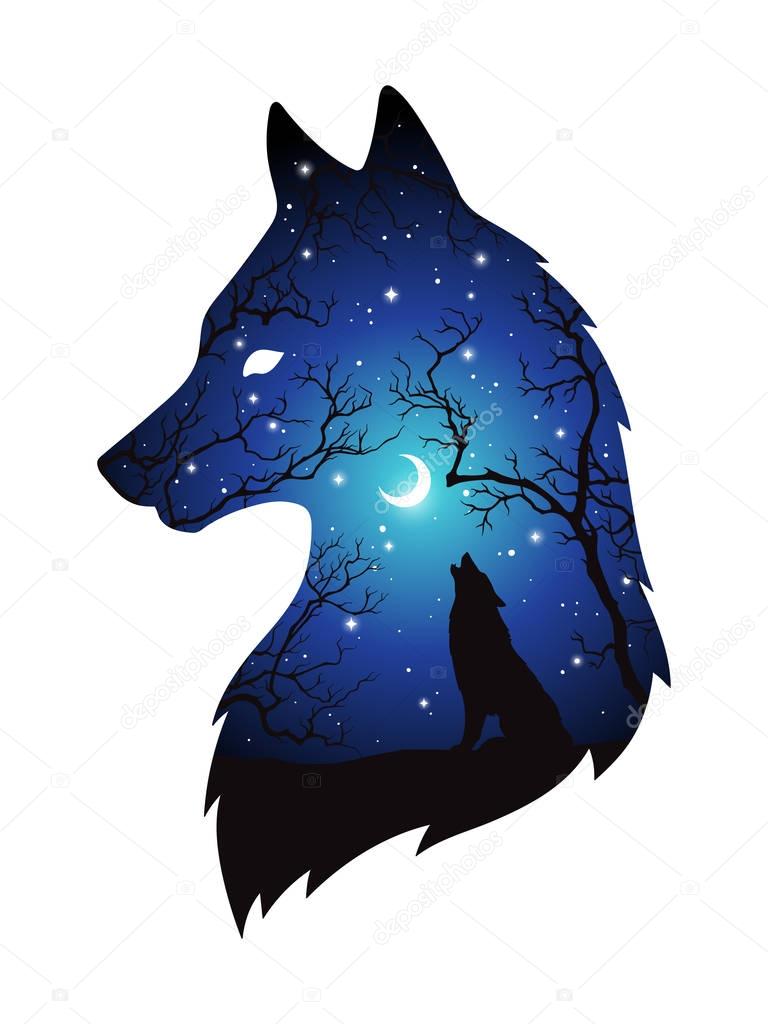 Double exposure silhouette of wolf in the night forest, blue sky with crescent moon and stars isolated. Sticker, print or tattoo design vector illustration. Pagan totem, wiccan familiar spirit art