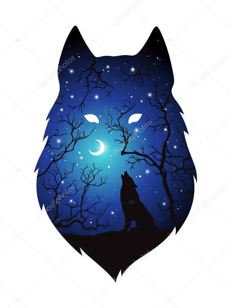 Double exposure silhouette of wolf in the night forest, blue sky with crescent moon and stars isolated. Sticker, print or tattoo design vector illustration. Pagan totem, wiccan familiar spirit art