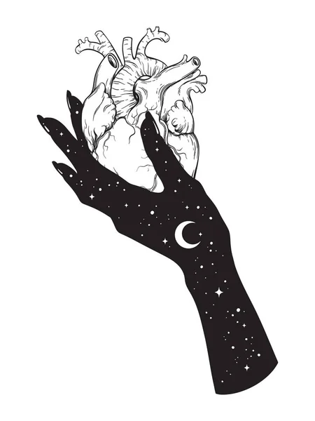 Corazón humano en la mano del universo. Etiqueta engomada, impresión o blackwork tatuaje ilustración vectorial dibujado a mano — Archivo Imágenes Vectoriales
