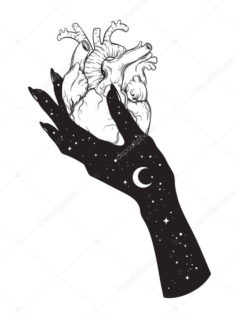 Human heart in hand of universe. Sticker, print or blackwork tattoo hand drawn vector illustration