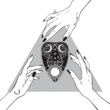 Eller üç cadı ouija gizemli oracle planchette için uzanarak. Siyah iş, dövme, poster sanat veya baskı tasarımı elle çizilmiş vektör çizim