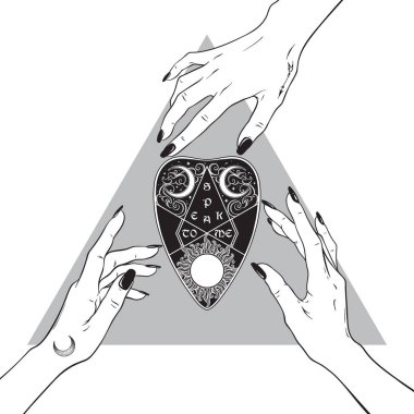 Hands of three witches reaching out to the ouija mystifying oracle planchette. Black work, tattoo, poster art or print design hand drawn vector illustration clipart