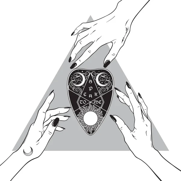 Hands of three witches reaching out to the ouija mystifying oracle planchette. Black work, tattoo, poster art or print design hand drawn vector illustration — Stock Vector