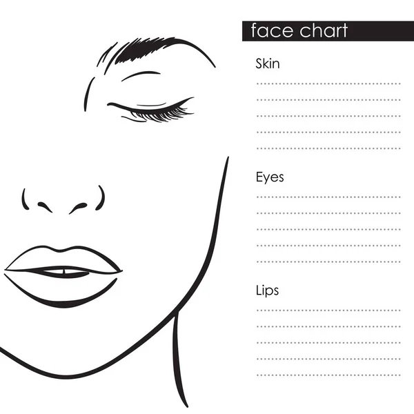 Beautiful woman portrait. Face chart Makeup Artist Blank Template. Vector — Stock Vector