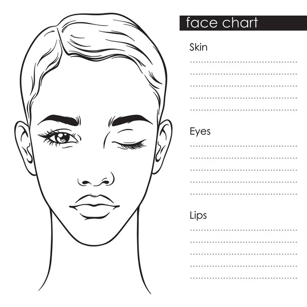 Wanita cantik dengan potongan rambut pendek dan satu mata tertutup potret. Face chart Makeup Artist Blank Template vector llustration - Stok Vektor