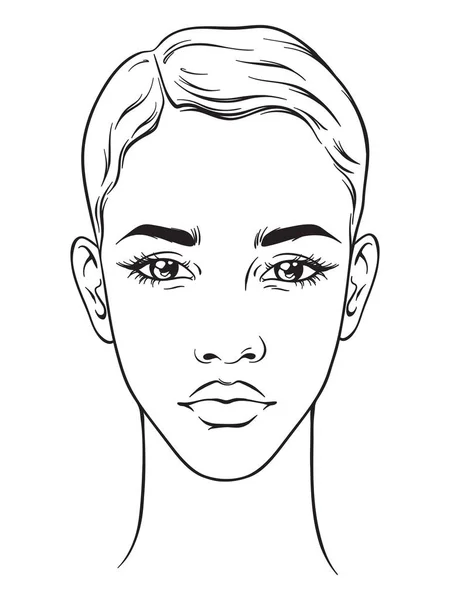 Hermosa mujer afroamericana con retrato de corte de pelo corto aislado sobre fondo blanco. Carta facial Maquillaje Artista Plantilla en blanco. Ilustración vectorial — Vector de stock