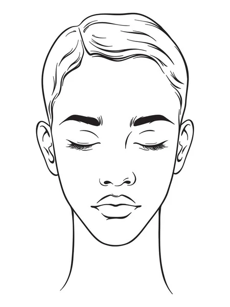 Hermosa mujer afroamericana con corte de pelo corto y ojos cerrados retrato aislado sobre fondo blanco. Carta facial Maquillaje Artista Plantilla en blanco. Ilustración vectorial — Vector de stock