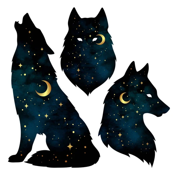 Een verzameling wolfssilhouetten met maansikkel en sterren geïsoleerd. Sticker, print of tattoo ontwerp vector illustratie. heidense totem, wiccan vertrouwde geest kunst — Stockvector