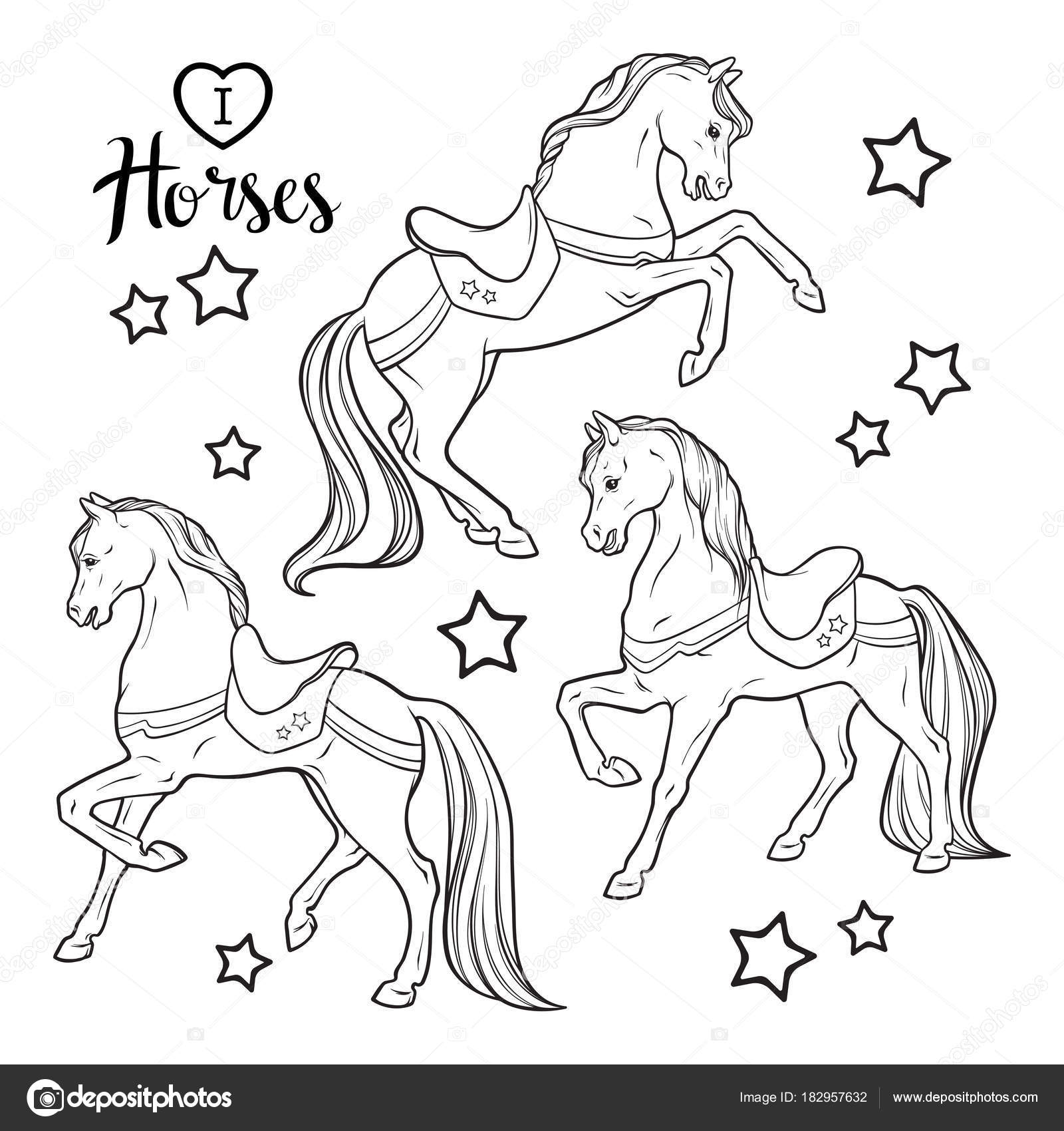 Stelle e cavalli svegli set illustrazione vettoriale isolato Libro da colorare per adulti e bambini