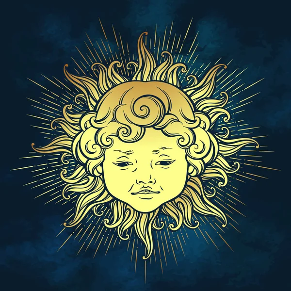 Sol de ouro com o rosto de bebê bonito encaracolado sorridente sobre fundo céu azul. Adesivo desenhado à mão, impressão de tecido ou boho flash tatuagem design vetor ilustração — Vetor de Stock