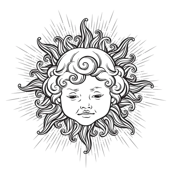 Sun with face of cute curly smiling baby boy isolated. Hand drawn sticker, coloring book pages, print or boho flash tattoo design vector illustration — Stock Vector