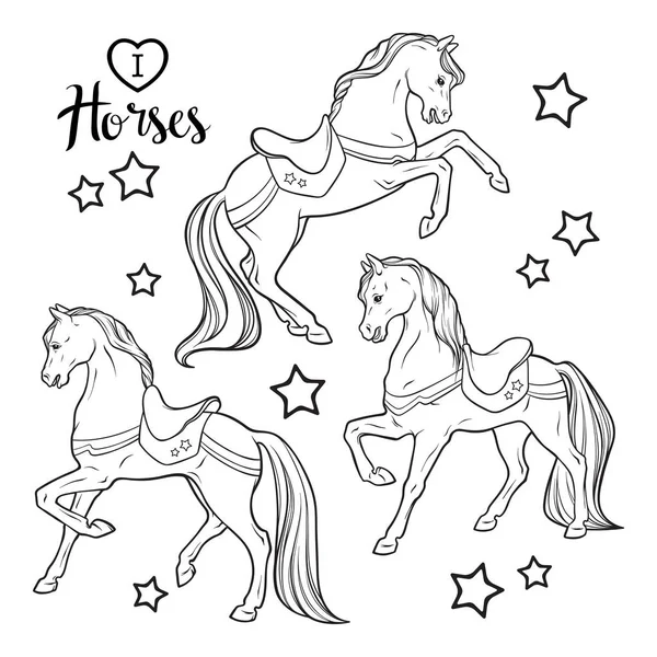 Caballos lindos y estrellas establecen ilustración vectorial aislada. Dibujos para colorear para adultos y niños — Archivo Imágenes Vectoriales