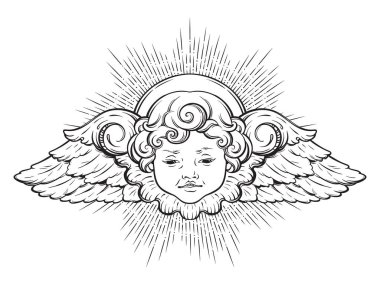 Cherub cute winged curly smiling baby boy angel with rays of linght isolated over white background. Hand drawn design vector illustration clipart