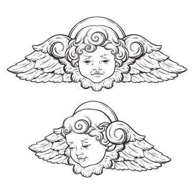 Cherub cute winged curly smiling baby boy angel set isolated over white background. Hand drawn design vector illustration clipart