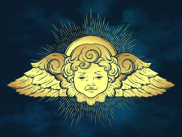 Gold cherub cute winged curly smiling baby boy angel with rays of linght over blue sky background. Hand drawn design or fabric print vector illustration — Stock Vector