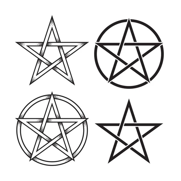 Pentagramm oder Pentalpha oder Pentangle. Hand gezeichnete Punktarbeit altes heidnisches Symbol der fünfzackigen sternisolierten Vektorillustration. Schwarze Arbeit, Flash-Tätowierung oder Print-Design — Stockvektor