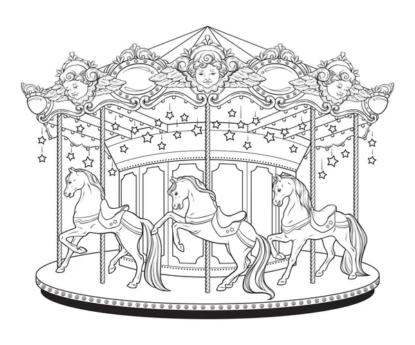 Carrousel La Belle Epoque joyeux tour avec des chevaux coloriage pages de livres pour enfants et adultes illustration vectorielle dessinée à la main — Image vectorielle