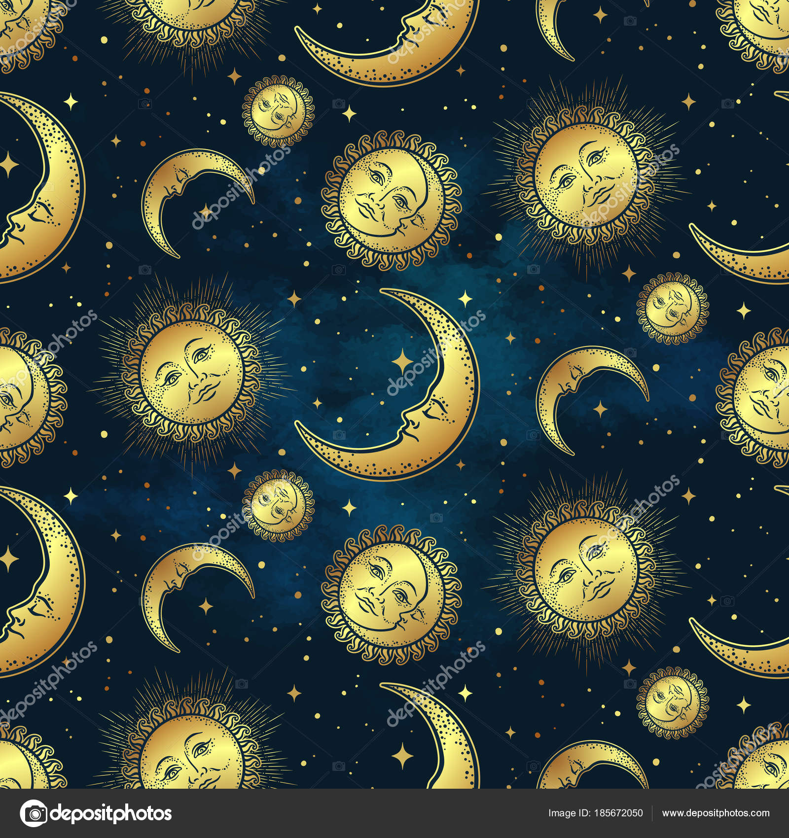 Modello senza cuciture con oro corpi celesti luna sole e stelle sopra il fondo del cielo blu notte Stampa di Boho chic tessuto avvolgimento di carta o