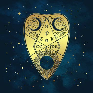 Mavi gökyüzü ve yıldızlar üzerinde altın kehanet yönetim kurulu planchette. Antika stili boho chic etiket veya kumaş baskı tasarımı vektör çizim.