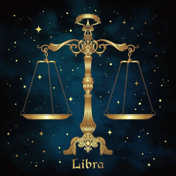 Balanças antigas ornamentadas sobre o céu noturno azul com estrelas douradas. Signo do zodíaco Desenho de Libra ilustração vetorial desenhada à mão . —  Vetores de Stock