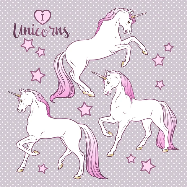 Sihirli tek boynuzlu atlar ve yıldız pastel renkler vektör çizim içinde çocuklar için elle çizilmiş tasarım ayarla. — Stok Vektör