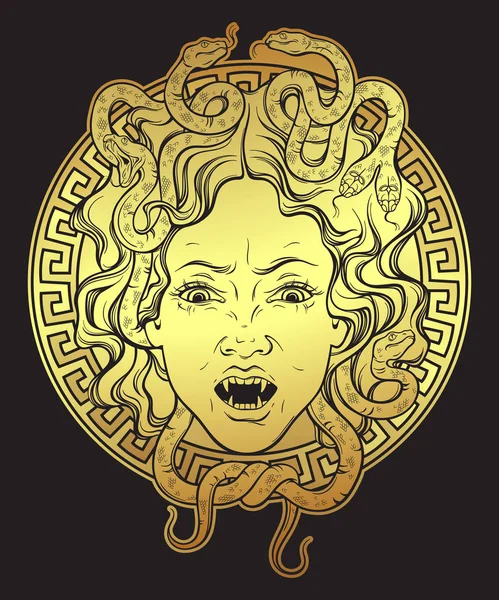 Medusa Gorgon golden head on a shield hand drawn line art print design isolated vector illustration. Gorgoneion is a protective amulet. — Stock Vector