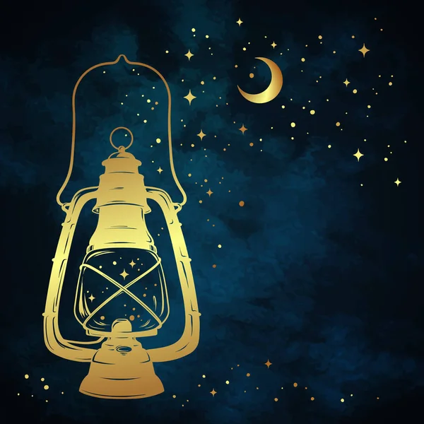 Goldene magische Öllaterne oder Petroleumlampe über blauem Nachthimmel Hintergrund mit goldenem Mond und Sternen handgezeichnete Vektorillustration. — Stockvektor