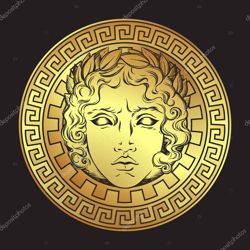 Greek and roman god Apollo. Hand drawn antique style logo or print design art vector illustration