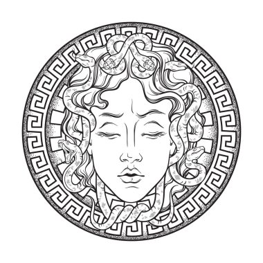 Medusa Gorgon head on a shield hand drawn line art and dot work tattoo or print design isolated vector illustration. Gorgoneion is a protective amulet. clipart