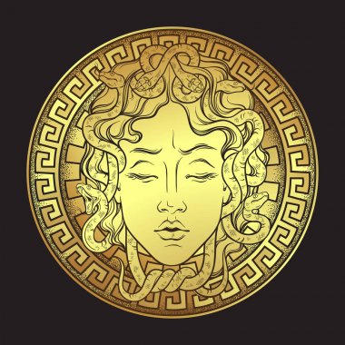 Medusa Gorgon golden head on a shield hand drawn line art and dot work print design isolated vector illustration. Gorgoneion is a protective amulet. clipart