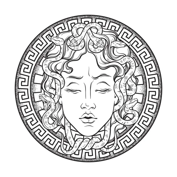 Medusa Gorgon tête sur un bouclier dessin à la main art ligne et point travail tatouage ou dessin d'impression isolé vectoriel illustration. Gorgoneion est une amulette protectrice . — Image vectorielle