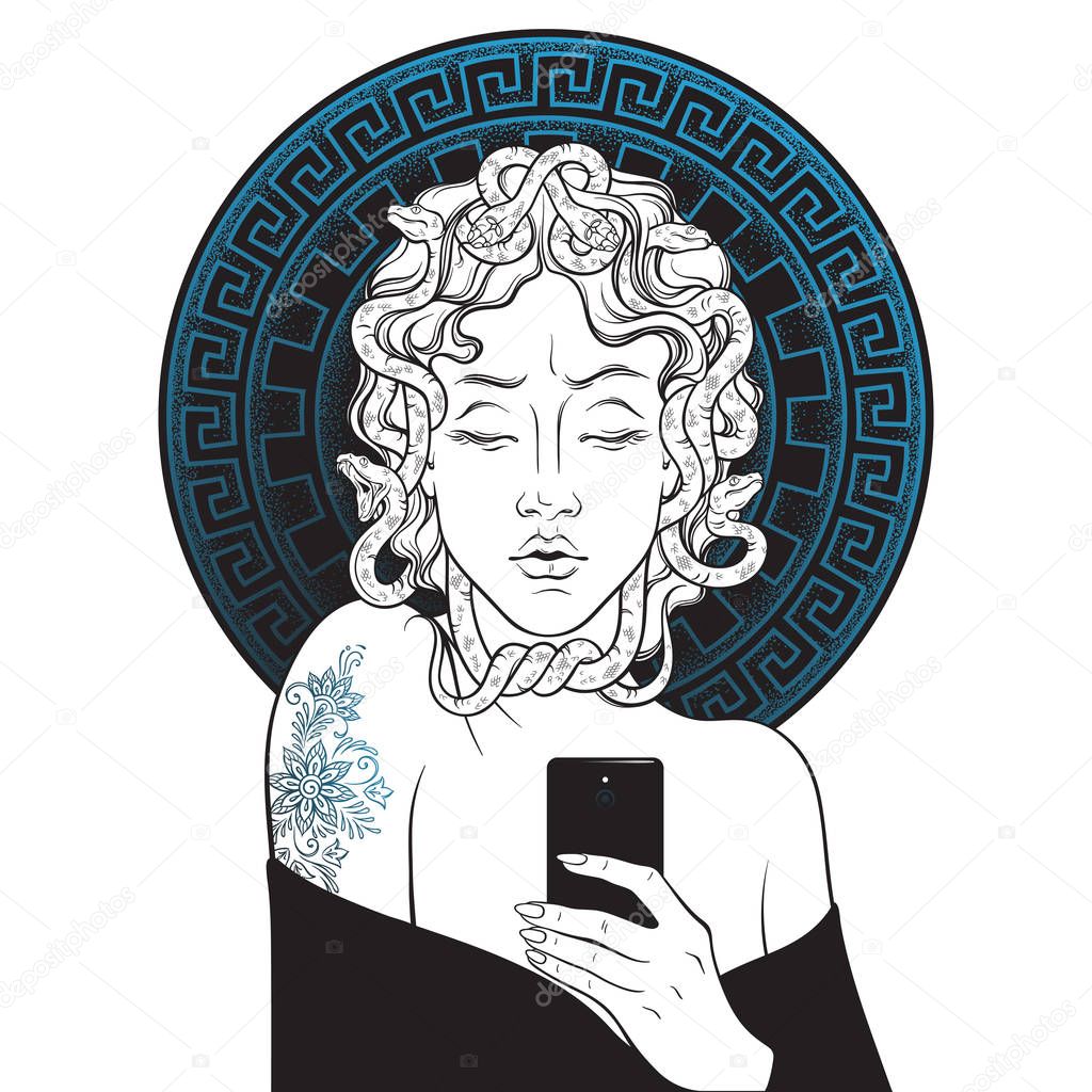 Medusa Gorgon selfie hand drawn line art and dot work pop print design isolated vector illustration.