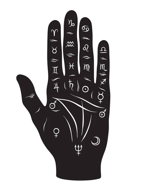 Palmistry o quiromancia mano con signos de los planetas y signos del zodíaco blanco y negro dibujado a mano diseño ilustración vectorial aislado . — Vector de stock