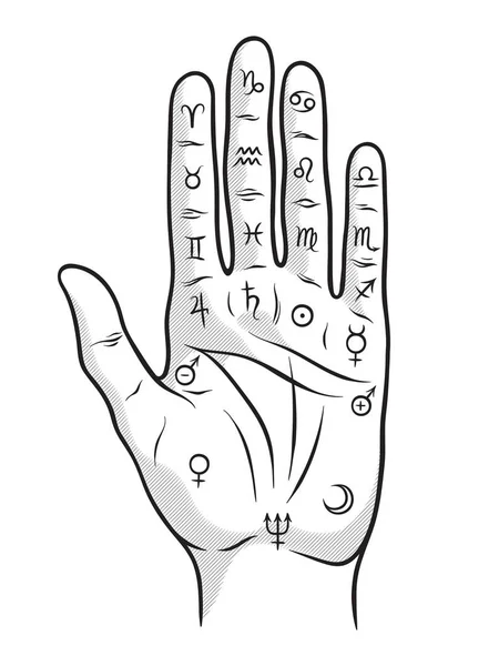 Tenyérjóslás- vagy chiromancy kéz jelek, a bolygók és a zodiákus jelek fekete-fehér kézzel rajzolt elszigetelt design vektor illusztráció. — Stock Vector