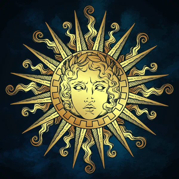 Sol de estilo antigo desenhado à mão com o rosto do deus grego e romano Apolo sobre o fundo azul do céu. Flash tatuagem ou tecido impressão design vetor ilustração . —  Vetores de Stock