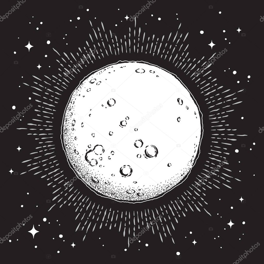 Antique style hand drawn line art and dot work full moon with rays of light. Boho chic tattoo or print design vector illustration.