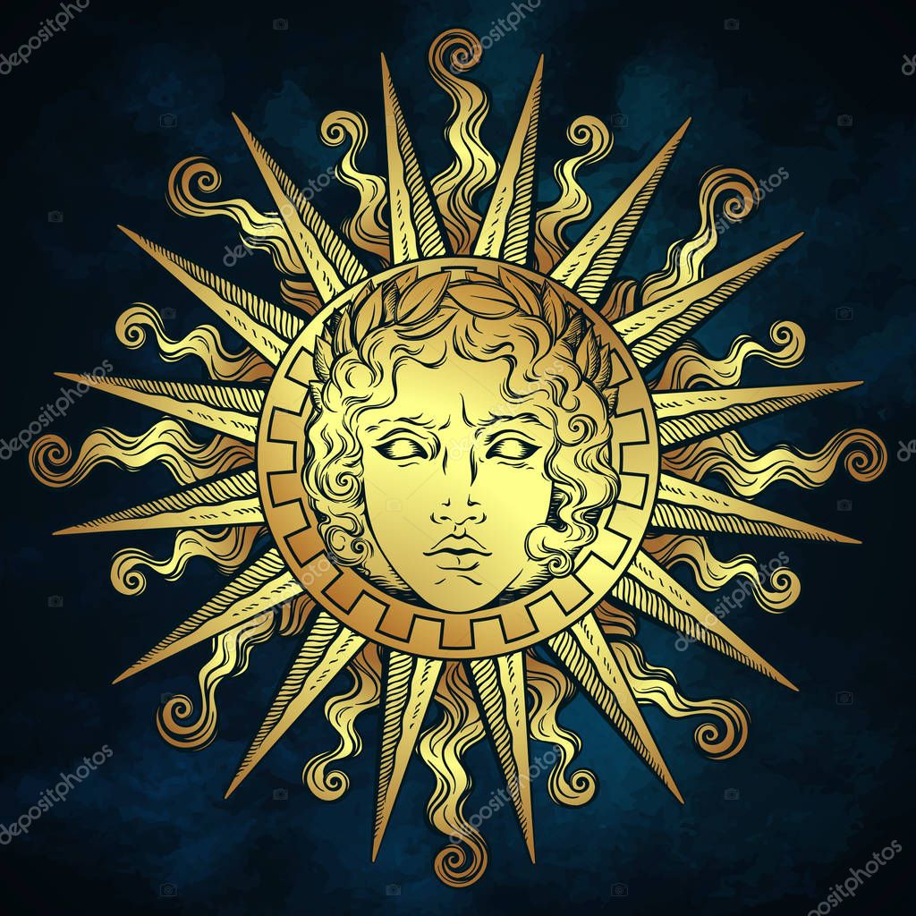 Hand drawn antique style sun with face of the greek and roman god Apollo over blue sky background. Flash tattoo or fabric print design vector illustration